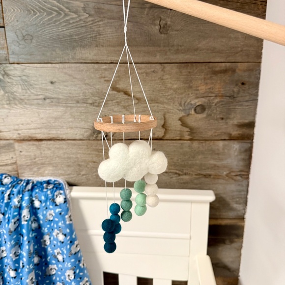 Handmade Mini Baby Mobile- Felt Cloud with Blue Rainstorm Poms - Picture 5 of 8